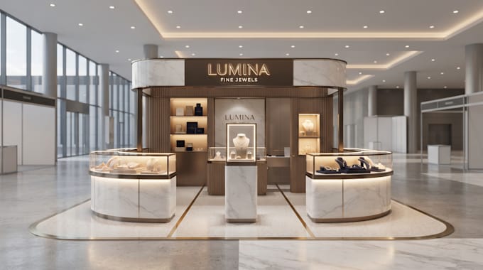 design 3d exhibition store interior design, 3d jewellery store, 3d kiosk renders