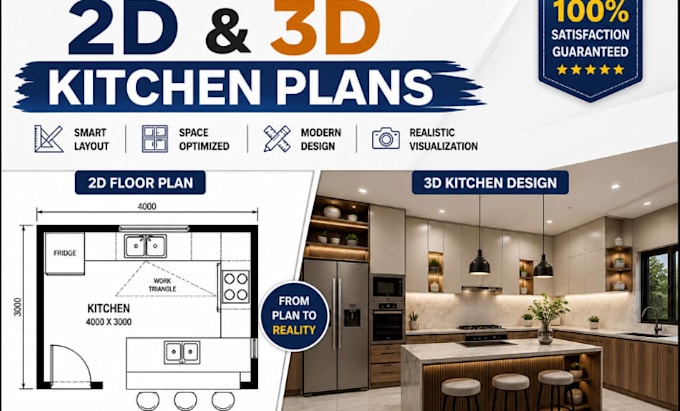 design 2d and 3d kitchen plan with realistic rendering