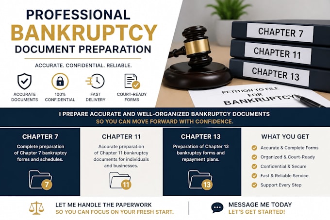 prepare bankruptcy petition, forms for chapter 7, 11 and 13 filing