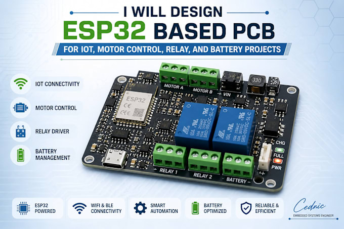 design esp32 based pcb for iot, motor control, relay, and battery projects