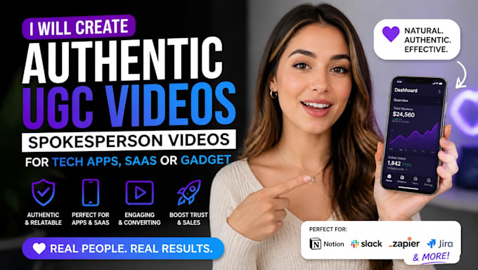 create authentic ugc videos, spokesperson video for tech apps, saas or gadget