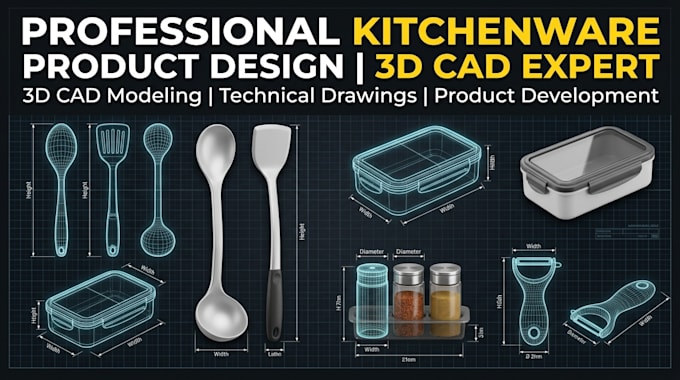 create kitchenware product design with 3d cad and technical drawings