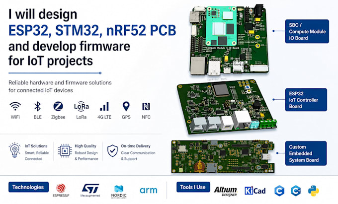 design esp32, stm32, nrf52 pcb and develop firmware for iot projects