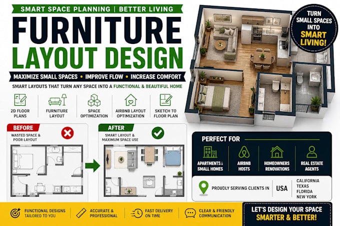 create funiture layout optimize small apartment and interior floor plan design