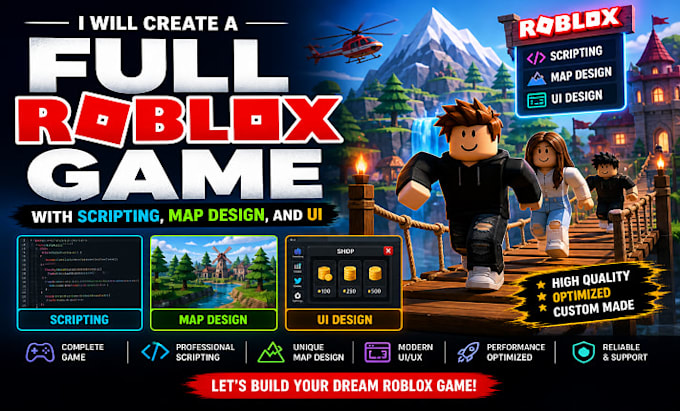 create a full roblox game with scripting, map design, custom UI, and game system