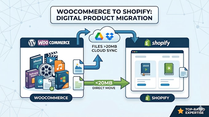 migrate woocommerce to shopify including digital downloads and SEO