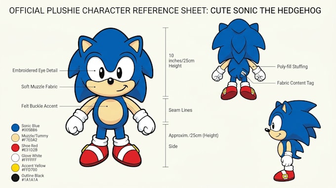 design a production ready custom plushie reference sheet and toy tech pack