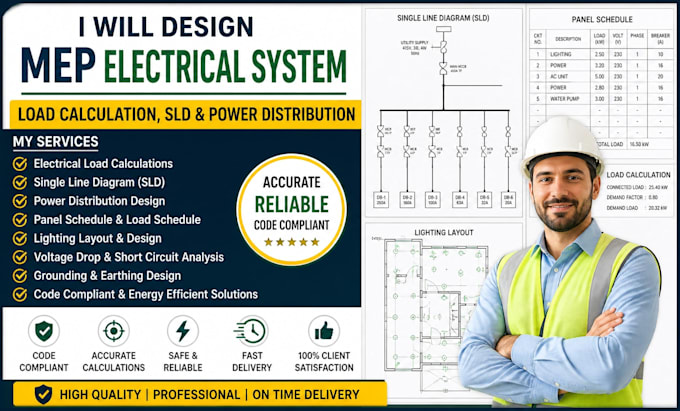 design mep electrical system, load calculation, sld and power distribution