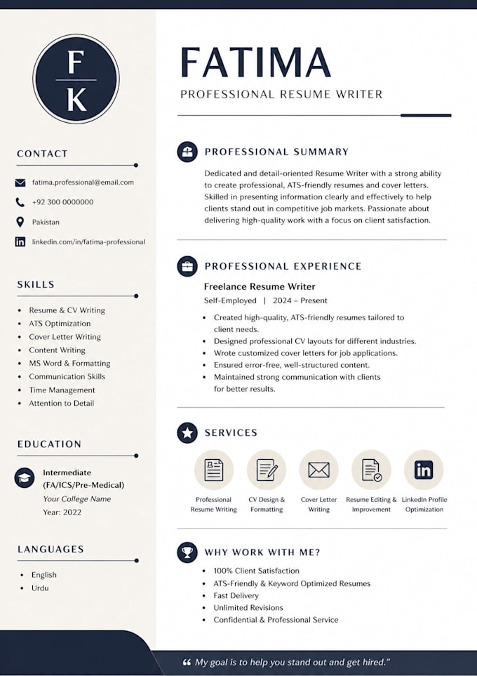 write a professional ats friendly resume and CV