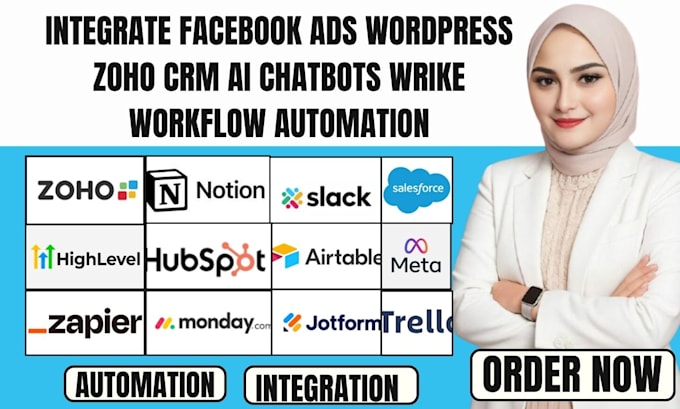 integrate facebook ads wordpress pipedrive zoho CRM ai chatbots wrike automation