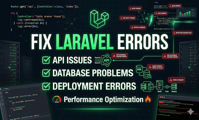 fix laravel bugs, API issues, and database errors