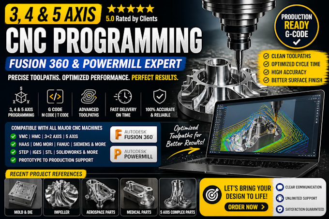 do 3, 4 and 5 axis cnc programming toolpath and gcode in fusion 360, powermill
