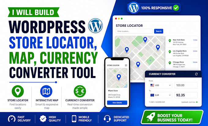 build wordpress store locator, map, currency converter tool