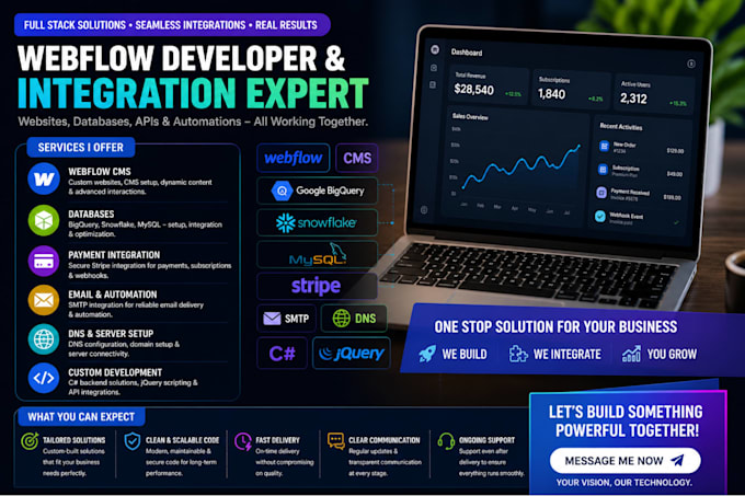 webflow cms bigquery snowflake mysql stripe integration smtp dns csharp jquery