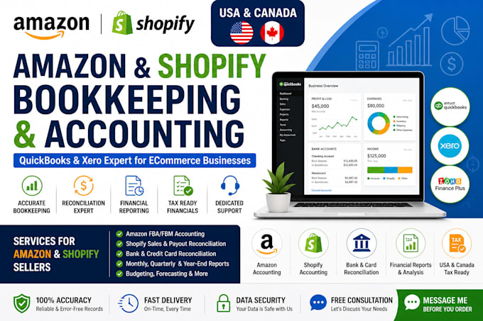 optimize amazon, shopify bookkeeping and accounting for USA and canada