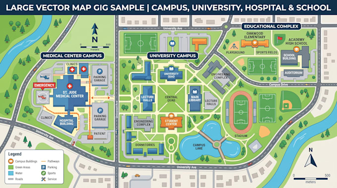 design 2d 3d vector map and site plan for campus, school, university, hospitals