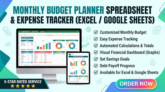 create monthly budget planner spreadsheet, expense tracker excel google sheet