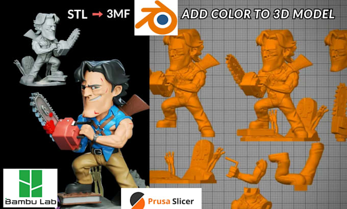 add color to 3d model, convert stl to multicolor 3mf, split part for bambu