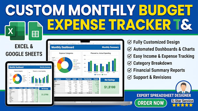 create a custom monthly budget planner, expense tracker in excel or google sheet