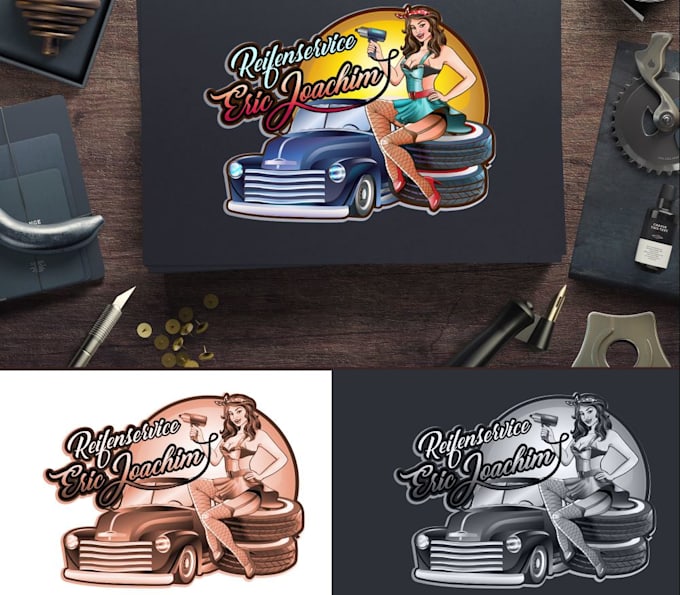 create unique pin up girl for classic car workshop logo