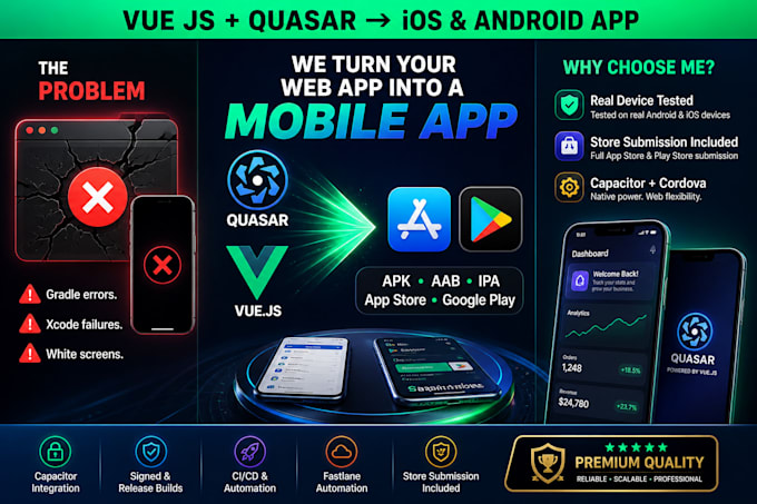 convert vue quasar web app to ios android app using capacitor ionic cordova apk