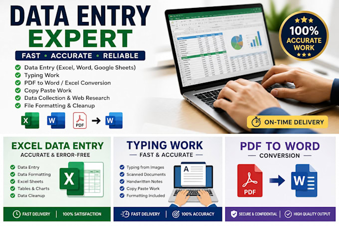 do accurate data entry, excel, word typing and PDF to word