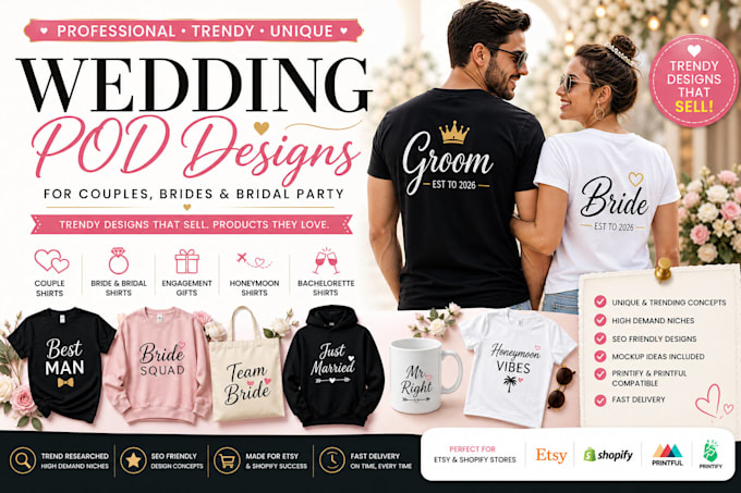 create wedding print on demand designs couples brides etsy shopify custom merch