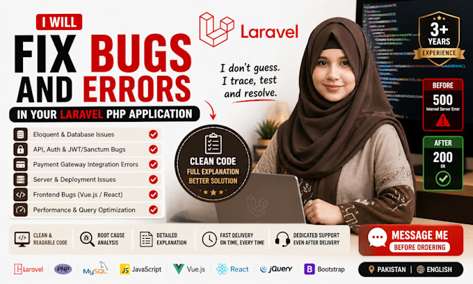 fix bugs and errors in your laravel PHP application