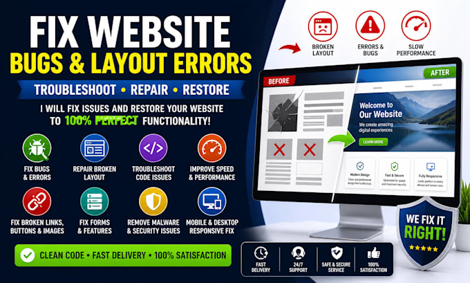 fix website bugs repair broken layout troubleshoot errors and restore function