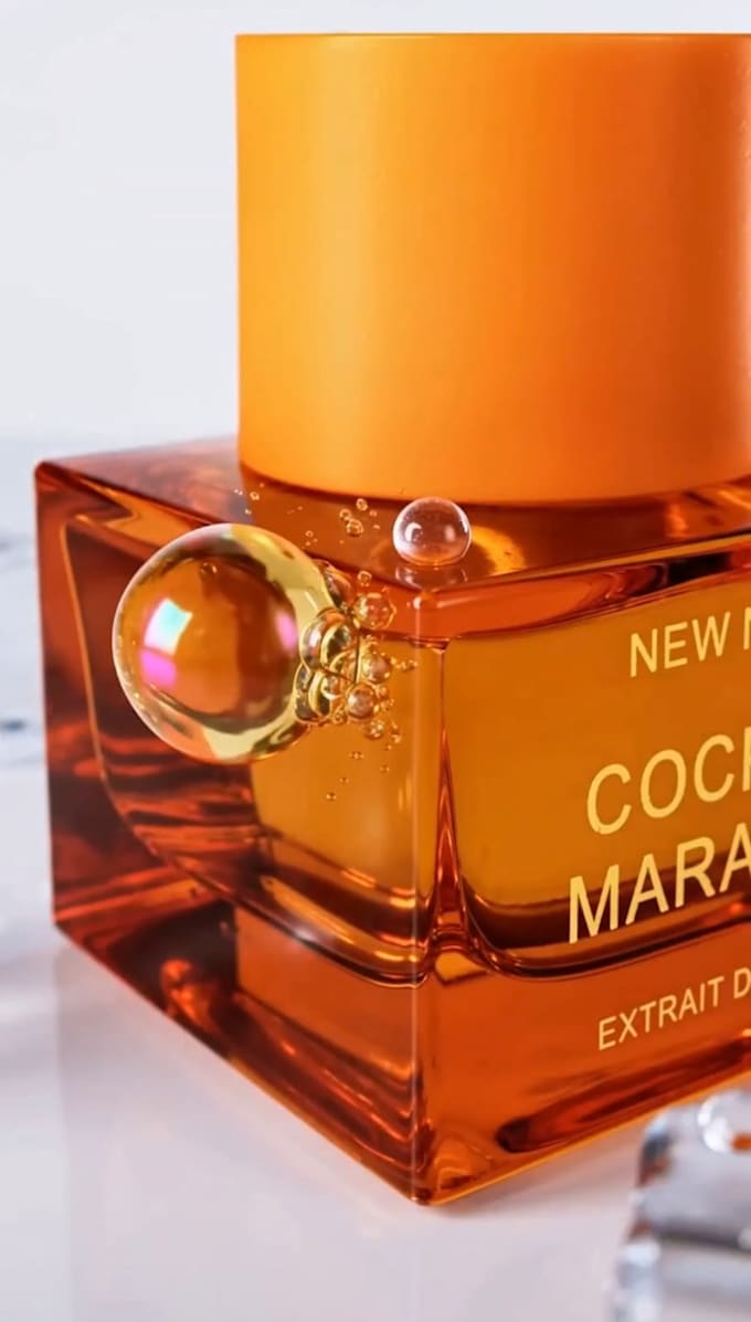 create a cinematic 3d perfume animation with realistic liquid simulation