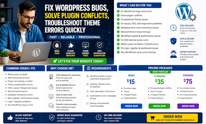 fix wordpress bugs, solve plugin conflicts troubleshoot theme errors quickly