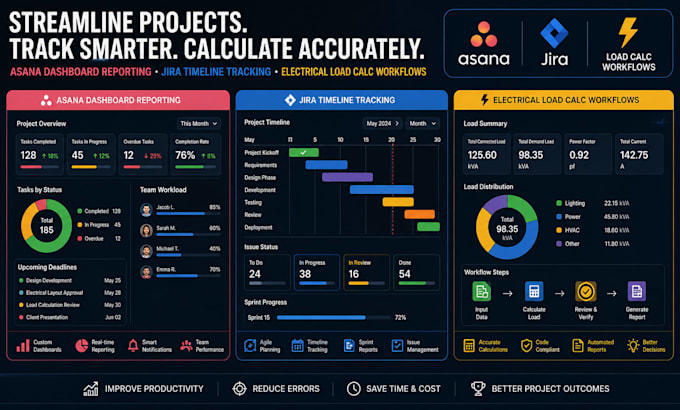 asana dashboard reporting jira timeline tracking electrical load calc workflows