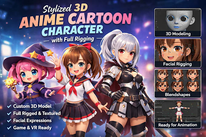 create stylized anime cartoon 3d character model with full rigging