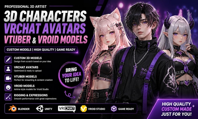 create 3d character models, vrchat avatars, vtuber and vroid models
