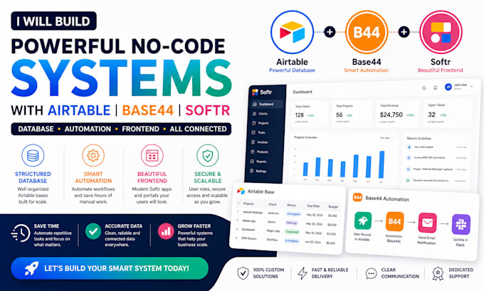 build airtable database with softr frontend and base44 automation system