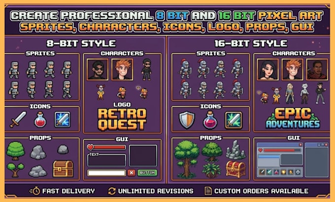 create 8 bit and 16 bit pixel art sprites, characters, icons, logo, props, gui