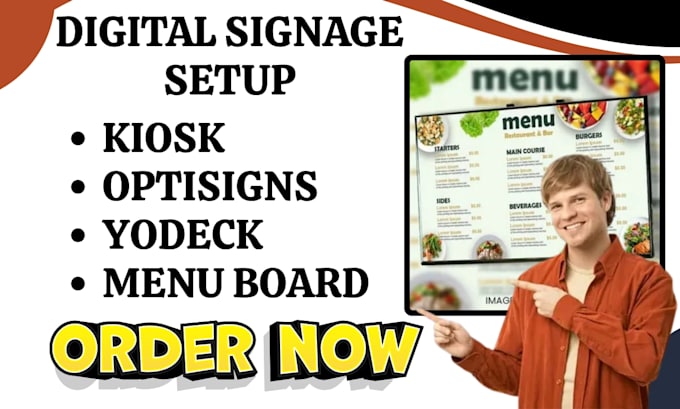 digital signage menu board interactive kiosk via yodeck, optisigns screencloud