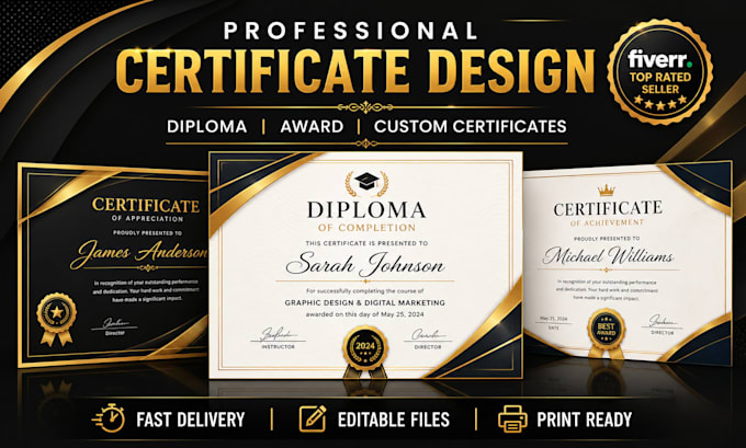 design certificate of completion, award, custom diploma