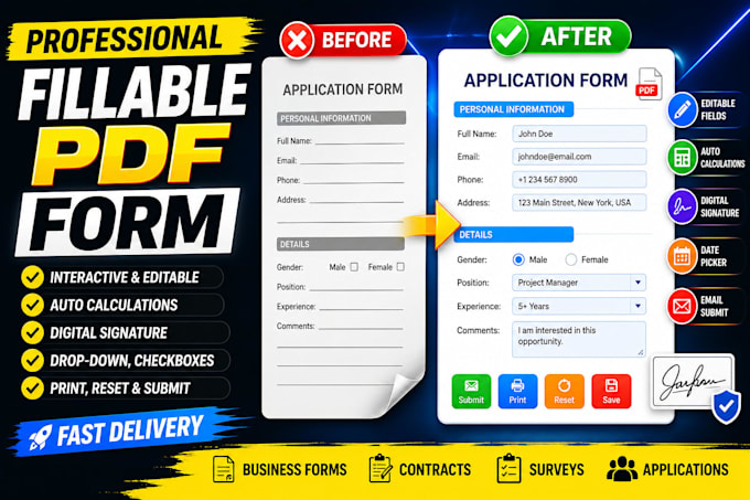 create interactive fillable PDF forms, auto calculations, digital signature