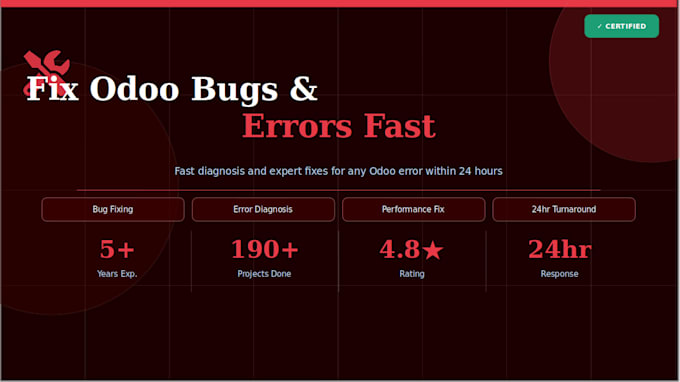 fix odoo errors, bugs, backend issues, module issues and provide odoo support