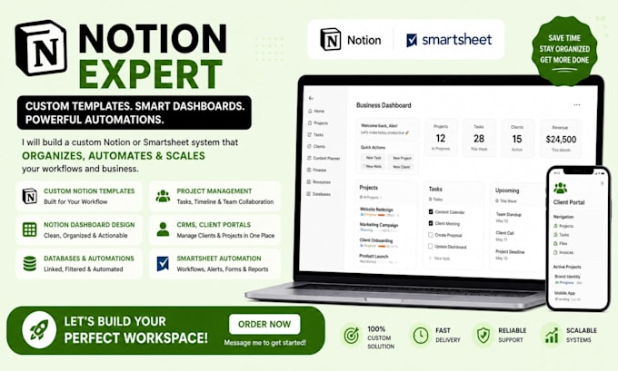 create custom notion template, notion dashboard, smartsheet automation
