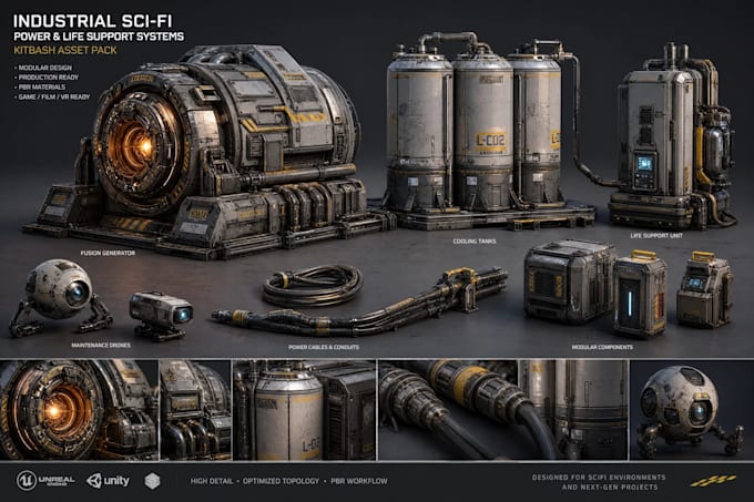 provide modular scifi props and environment  models with asset optimization