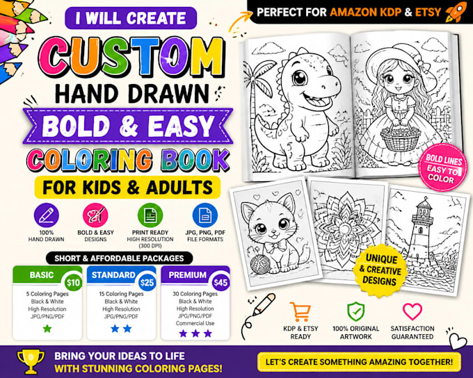 Create custom bold and easy coloring book pages for kids and adults for ...