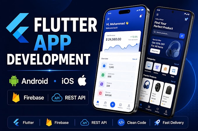 develop a flutter app for android, ios, firebase and rest API