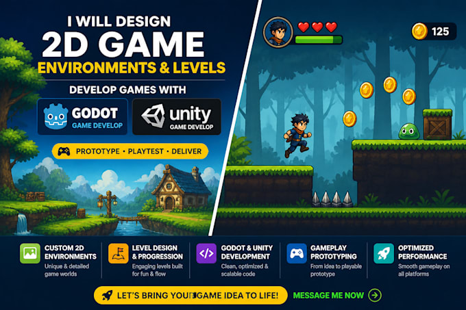 create 2d game development in godot or unity with environments and levels design