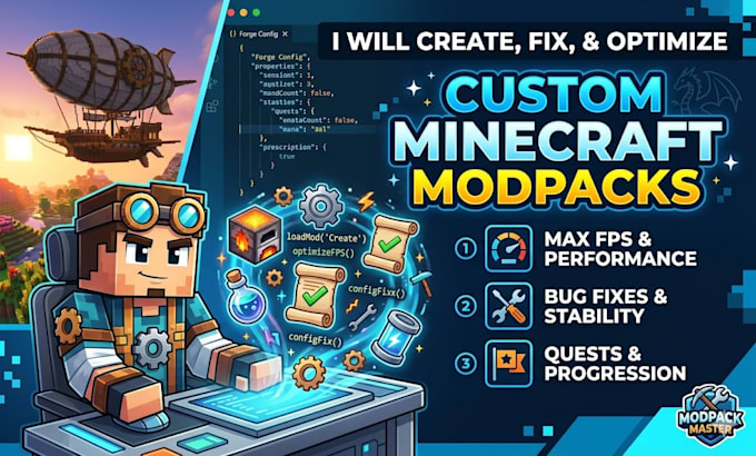 create fix and optimize custom minecraft modpack with quests for forge or fabric