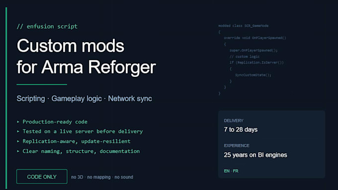 develop custom arma reforger mods and scripts