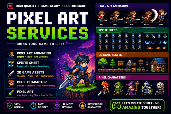 Animation en pixel art, sprite sheet, assets pour jeux 2d, personnage ...
