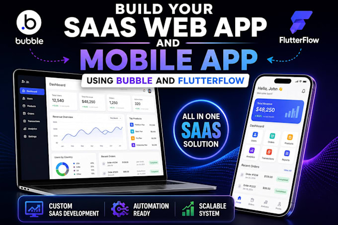 Bouw je saas web app, mobiele app met bubble io en flutter flow