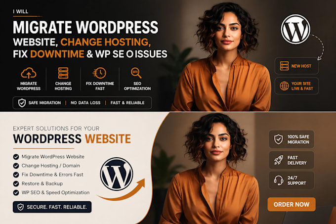 migrate wordpress website, change hosting, fix downtime and wp seo website issue